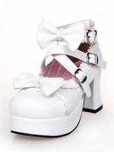 Lolitashow Bianco Bows PU Lolita scarpe per le donne