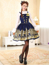 Deep Blue Print Synthetic Lolita Corset for Women 