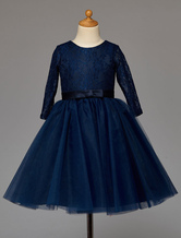 Dark Navy Cut-Out Flower Girl Dress With Lace Bows 