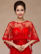 Red Lace Semi-Sheer Bridal Shawl for Women