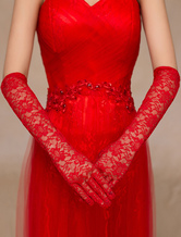 Red Lace Semi-Sheer Wedding Bridal Gloves 
