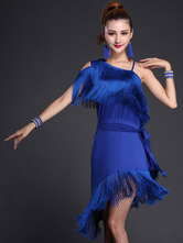 Dance Costumes Latin Dancer Dresses Blue Fringe One Shoulder Milk Silk Skirt Dancer Dancing Wears Outfit For Women Carnival