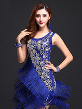 Vestido de seda azul dança vestido franja impressão leite 
