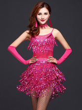 Dance Costumes Latin Dancer Dresses Rose Red Sequins Fringe Milk Silk Dancing Clothes Carnival