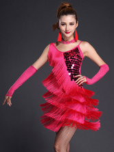 Dance Costumes Latin Dancer Dresses Rose Red Straps Fringe Sequins Milk Silk Dancing Clothes Carnival