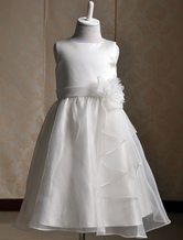 Blumenmädchen Kleider Abendkleider für Hochzeit Satingewebe ärmellos A-Linie- Hochzeit mit Rundkragen kleid blumenmädchen wadenlang