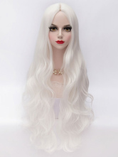 Halloween Lolita blanco medio separó de fibra largo rizado peluca 
