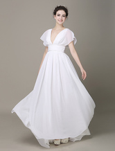 Plunging Chiffon Beach Wedding Dress A-Line Ivory V-Neck Pleated Belt Short Sleeves Bridal Dress With Court Train Milanoo