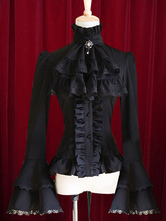 Lolitashow Black Lolita Blouse Bell Sleeves Ruffles Cotton Blouse for Women