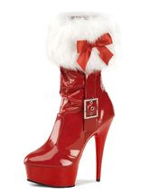 Xmas Red Platform Boots Fur Trim Patent Leather Heels for Women