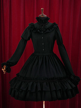 Vestido negro Lolita niveles volantes vestido de algodón