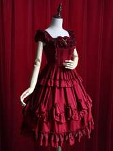 Burgunder Lolita Kleid Rüschen Baumwolle Kleid für Frauen