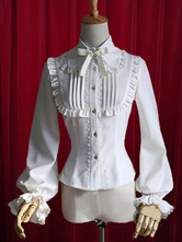 Lolitashow White Lolita Blouse Bow Ruched Cotton Blouse for Women