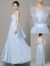 Blue Prom Dress 2024 Long Chiffon Lace Applique Bridesmaid Dress V Neck Bow Sash Pleated Floor Length Party Dress Milanoo