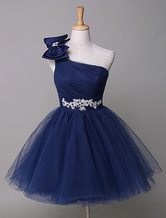 Prom Dress Royal Blue Tulle Abito perline fiocco Mini partito abito monospalla
