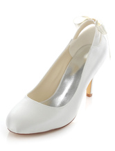 Zapatos de novia de satén 8cm Zapatos de Fiesta Zapatos blanco de tacón de stiletto Zapatos de boda de puntera redonda con cinta