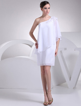White Bridesmaid Dress One-Shoulder Applique Beading Flower Sheath Knee-Length Wedding Party Dress