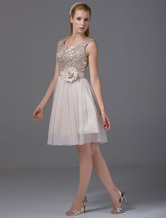 Short Homecoming Dress Sweatheart Sequined Tulle Pleated A-Line Knee-Length Cocktail Dress With Sash Bow