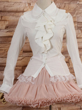 Bianco maniche lunghe camicetta Lolita con risvolto e volant