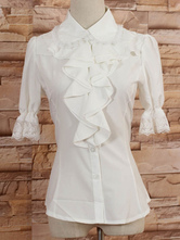 Lolitashow White Middle Sleeves Lolita Blouse with Lapel and Ruffles