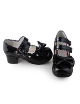Glossy Black Lolita sapatos Praça saltos com arcos doces