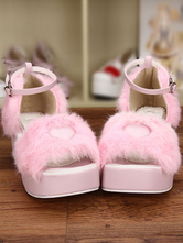 Lolitashow Sweet Pink Lolita Sandals Platform Fluffy Heart Shape Ankle Strap