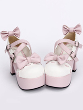 Lolita Rosa Pony tacchi scarpe piattaforma fiocchi bianchi assetto cinghie fibbie