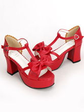 Lolitashow Red Lolita Chunky Pony Heels Shoes Platform Ankle Strap Bow