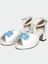 White Qi Lolita Sandals Chunky Pony Heels Blue Chinese Style Buttons