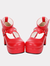Lolita rouge Pony Chunky talons chaussures Platform cheville coeur forme Decor boucle bout rond Déguisements Halloween