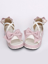 Lolitashow Sweet White Lolita Sandals Platform Pink Bows Ankle Straps Bows