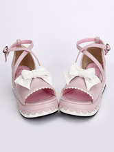 Lolitashow Pink Lolita Platform Sandals White Bows Ankle Straps Heart Shape Buckle