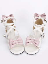 Lolitashow Sweet White Lolita Sandals Square Heels Ankle Straps Pink Bows