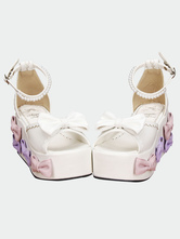 Lolitashow White Lolita Sandals High Platform Bows Pearls Decor Ankle Strap