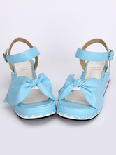 Lolitashow Sky Blue Lolita Sandals Platform Bow Decor Ankle Strap Buckle