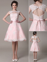 Lace Short Wedding Dress Cut Out Knee Length A-Line Bridal Dress With Satin Bow Free Customization