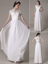 Sheath Wedding Dress V-Neck Lace Chiffon Pleated Floor Length Bridal Dress Milanoo