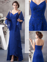 Blue Mother Of The Bride Dress With Wrap Straps Ruffles Floor-Length Sheath Chiffon Evening Dress Milanoo