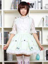 Vestido Lolita doce em verde claro impresso Qi Lolita suspensor saia com guarnição do laço branco 