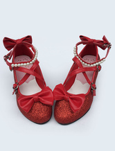 Sweet Lolita Shoes nacré cuir Lolita talon chaussure avec chaînette et archets Déguisements Halloween