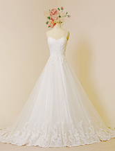 Lace Wedding Dress Luxury Sweetheat Strapless A-Line Chapel Train Tulle Applique Bridal Gown