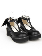 Lolitashow Zapatos de Lolita góticos con plataforma cruzada  cuña  correa en T  zapatos Lolita con ala malvada