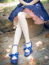 Classical Lolita Shoes Leather Ribbon Bow Lolita Low Heel Ballet Shoes With Ankle Strap