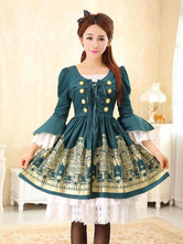 Milanoo Lolita Dress Vintage Printed Lace Up Military Lolita Dress With Flare Sleeves 
