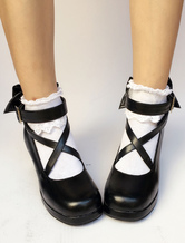 Lolitashow Black Lolita Shoes Round Toe Chunky Heel Cross Front Ankle Strap Bow Lolita Pumps