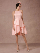 Vestido de casamento curto cetim de cetim rosa vintage 2024 Coquetel assimétrico com trem linha A linha