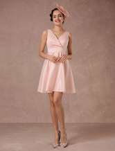 Summer Wedding Dresses 2024 Pink Short V-neck Satin A-line Cocktail Dress With Sash