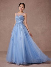 Blue Lace Wedding Dress Tulle Bridal Gown Illusion Neckline Applique Beading A-line Pageant Dress Chapel Train Luxury Quinceanera DressDress