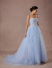Blue Wedding Dress Lace Tulle Chapel Train Bridal Gown Sweetheart Strapless A-Line Luxury Princess Pageant Dress