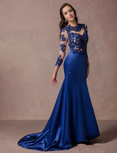 Lace Evening Dress Long Sleeves Blue Satin Backless Mermaid Party Dress With Court Train